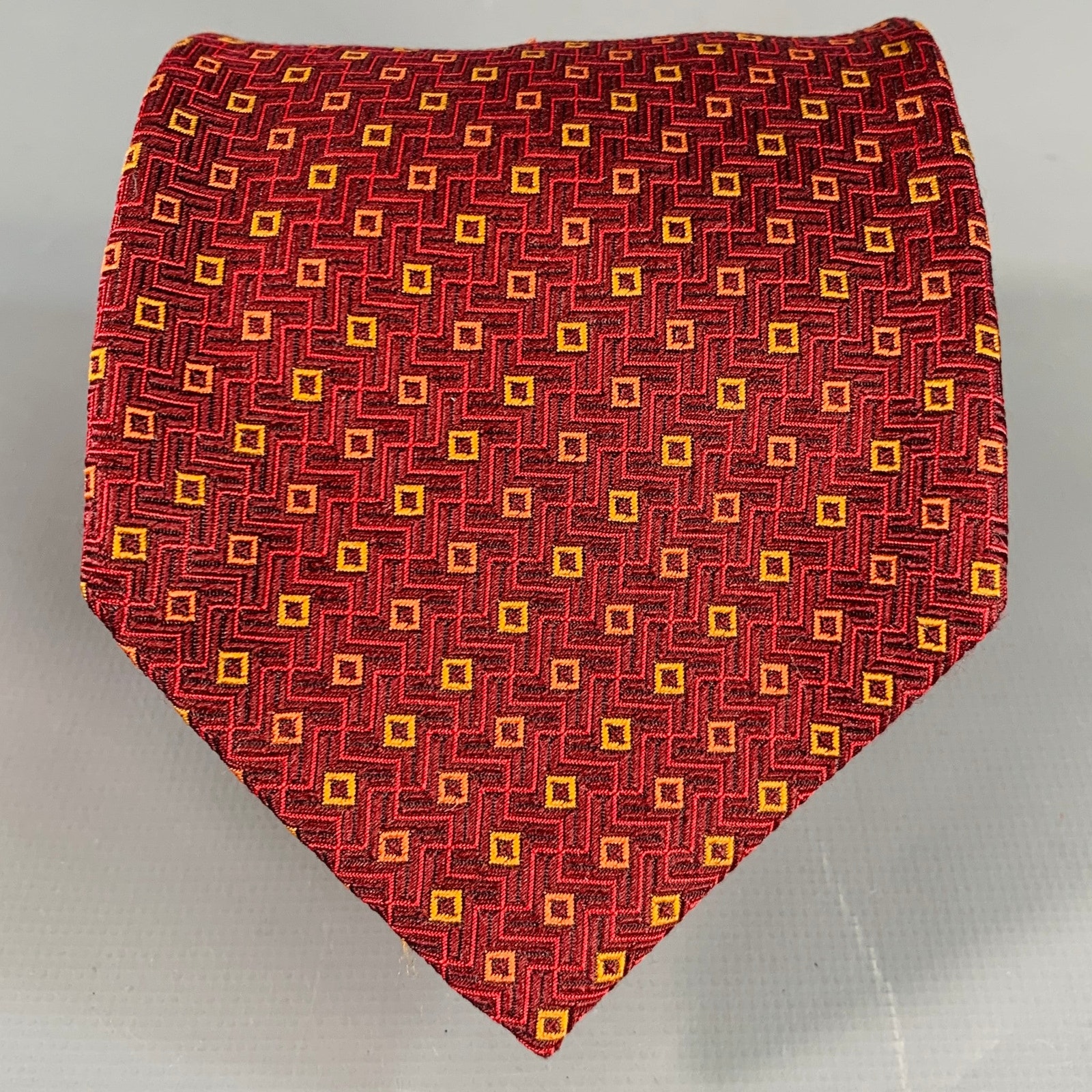 Luciano Barbera Burgundy Red Orange Geometric Jacquard Silk Tie